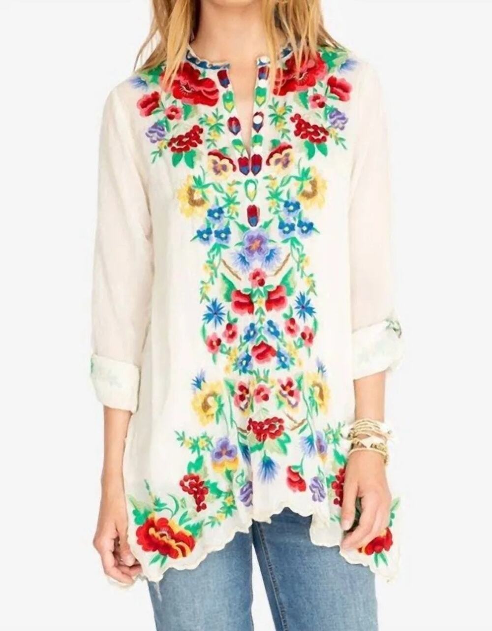 Johnny Was XL Gala Tunic Boho Floral Embroidered Off-White Roll Tab Sleeves
